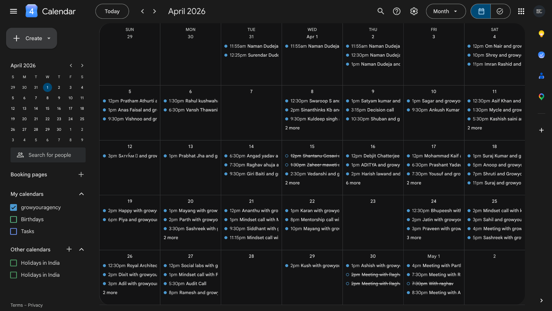 Google Calendar showing 60+ booked calls in April 2026